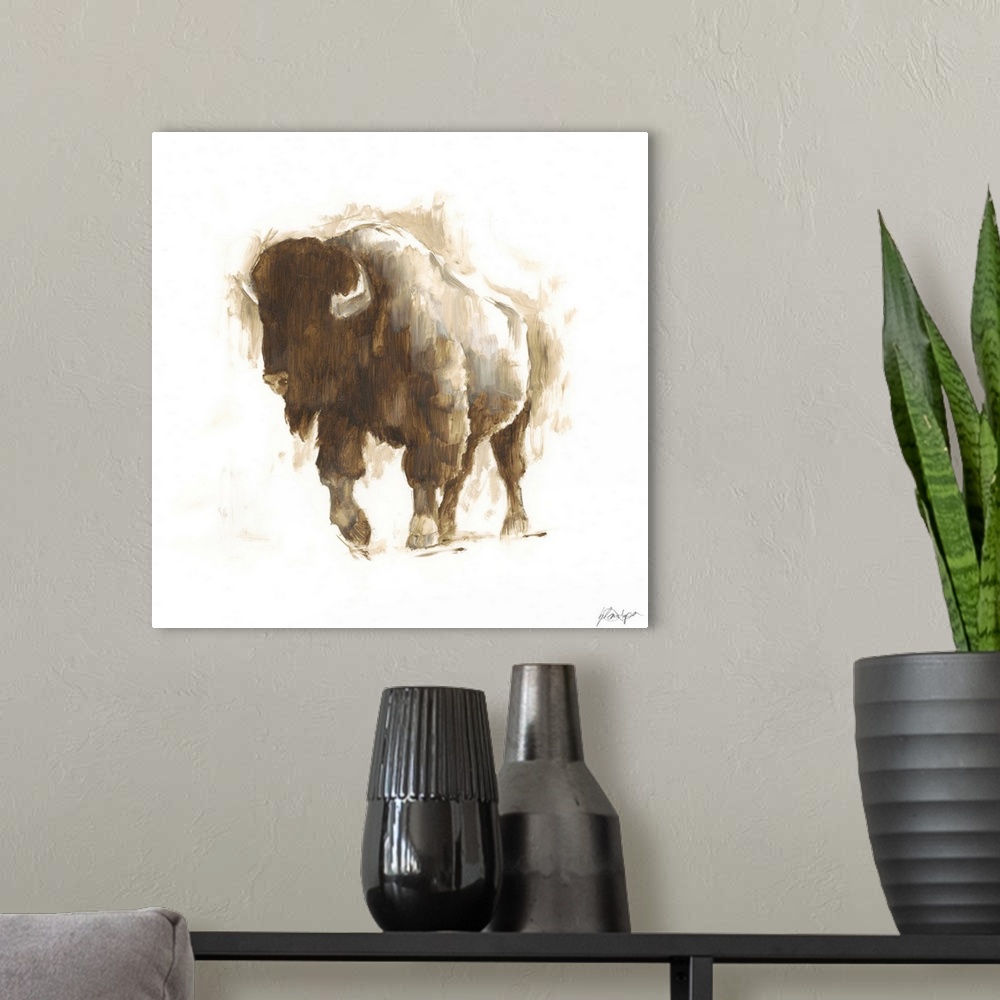 A modern room featuring Contemporary portrait of a buffalo in various brown hues.
