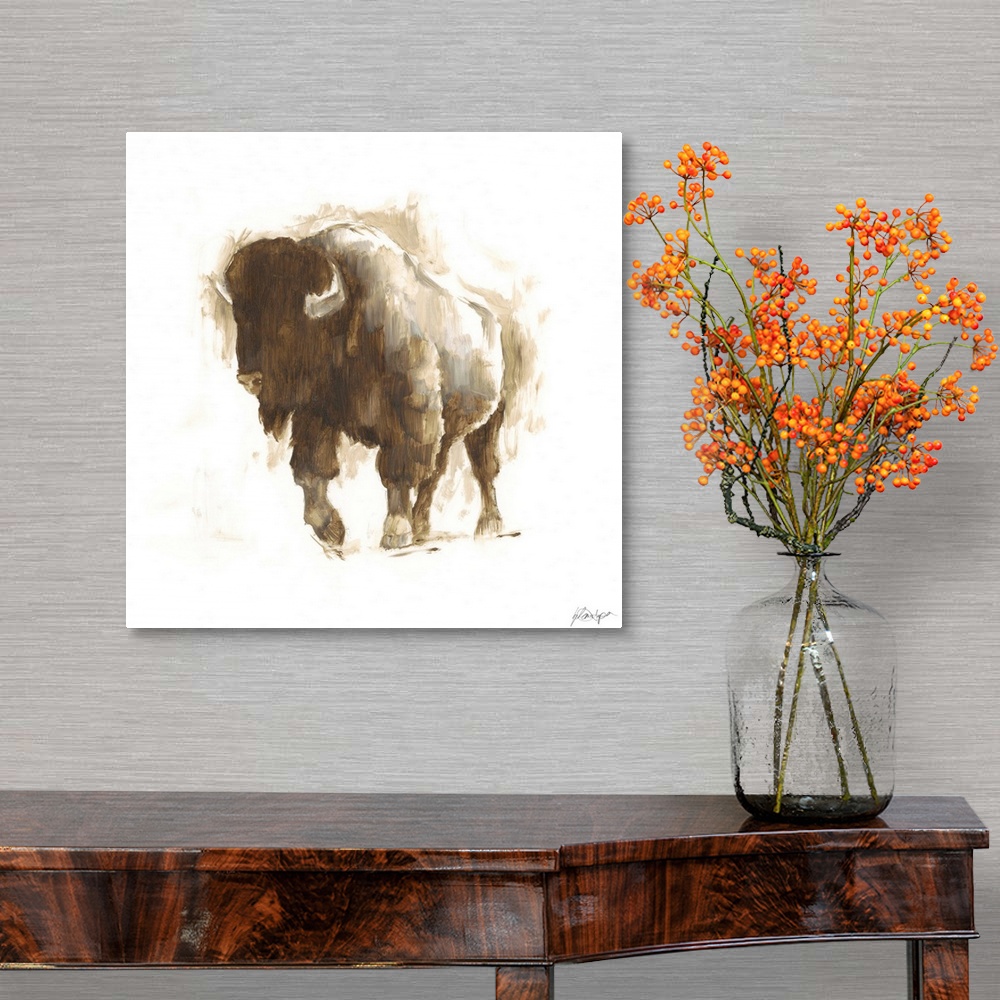 A traditional room featuring Contemporary portrait of a buffalo in various brown hues.