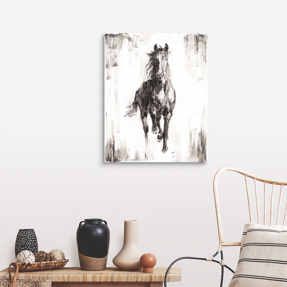 A farmhouse room featuring Vertical painting of a running horse done if varies shades of gray and white with a rough brush s...