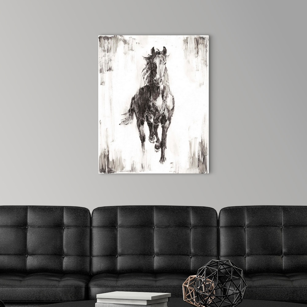 A modern room featuring Vertical painting of a running horse done if varies shades of gray and white with a rough brush s...