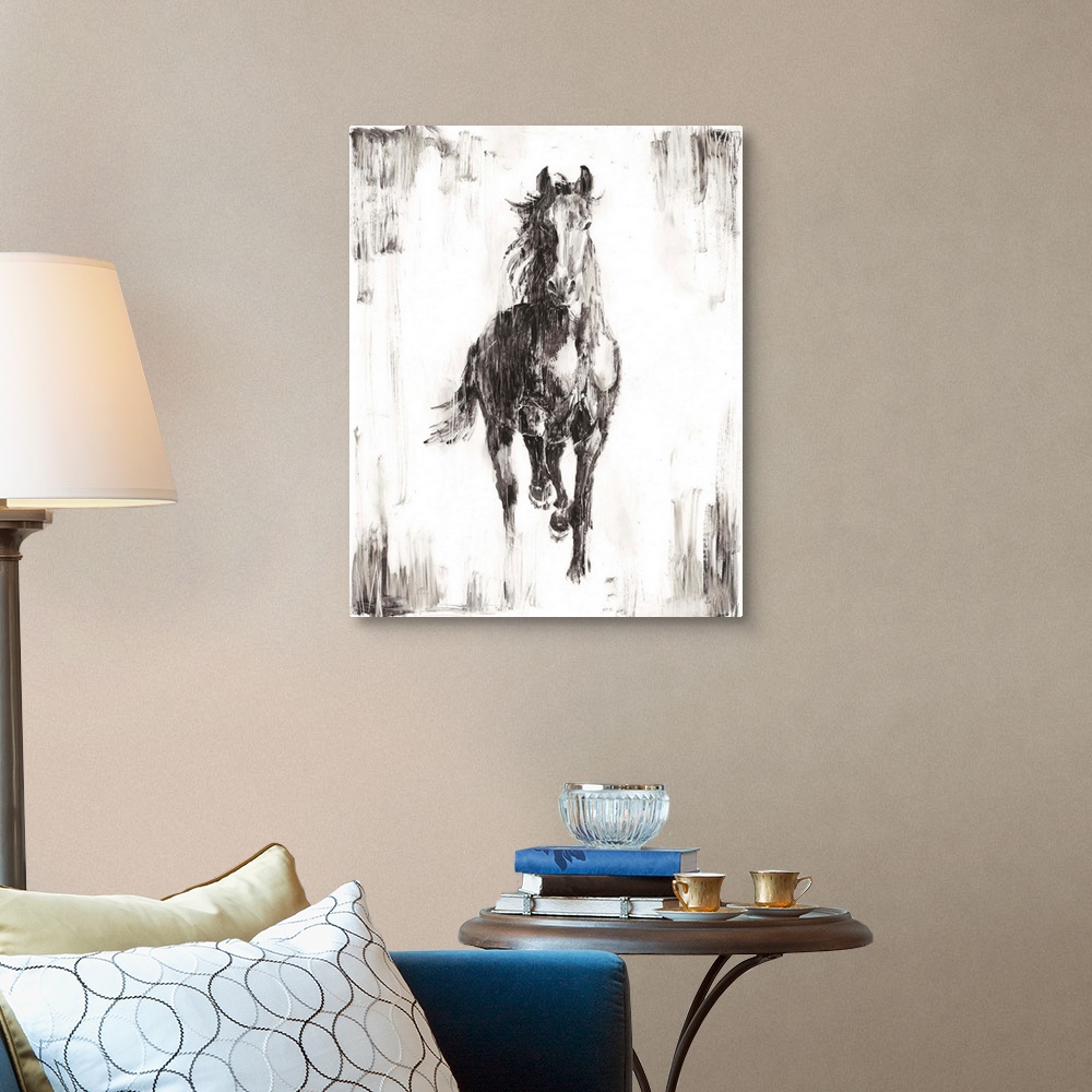 A traditional room featuring Vertical painting of a running horse done if varies shades of gray and white with a rough brush s...