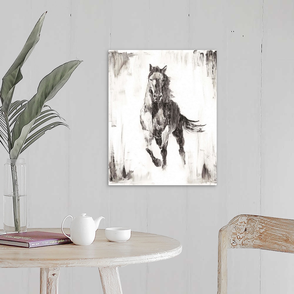 A farmhouse room featuring Vertical painting of a running horse done if varies shades of gray and white with a rough brush s...
