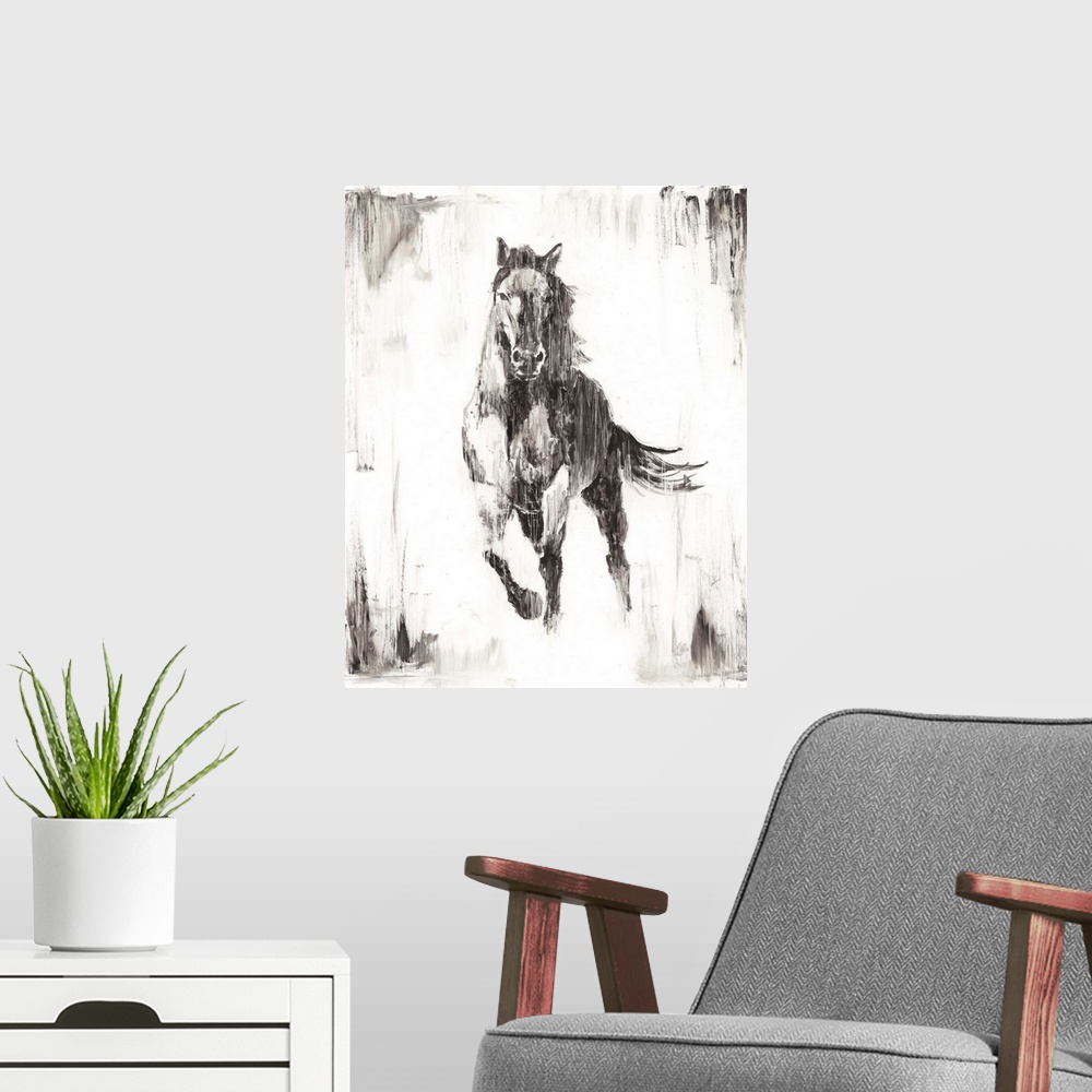 A modern room featuring Vertical painting of a running horse done if varies shades of gray and white with a rough brush s...