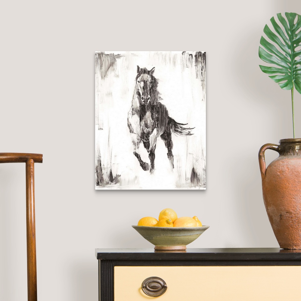 A traditional room featuring Vertical painting of a running horse done if varies shades of gray and white with a rough brush s...