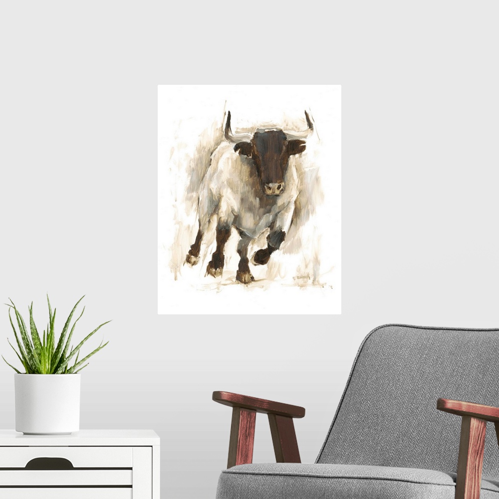 A modern room featuring Contemporary portrait of bull in various brown hues.