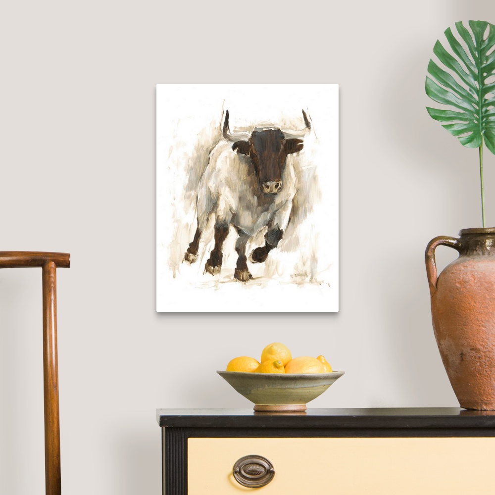 A traditional room featuring Contemporary portrait of bull in various brown hues.