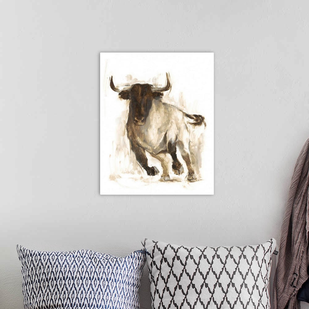 A bohemian room featuring Contemporary portrait of bull in various brown hues.