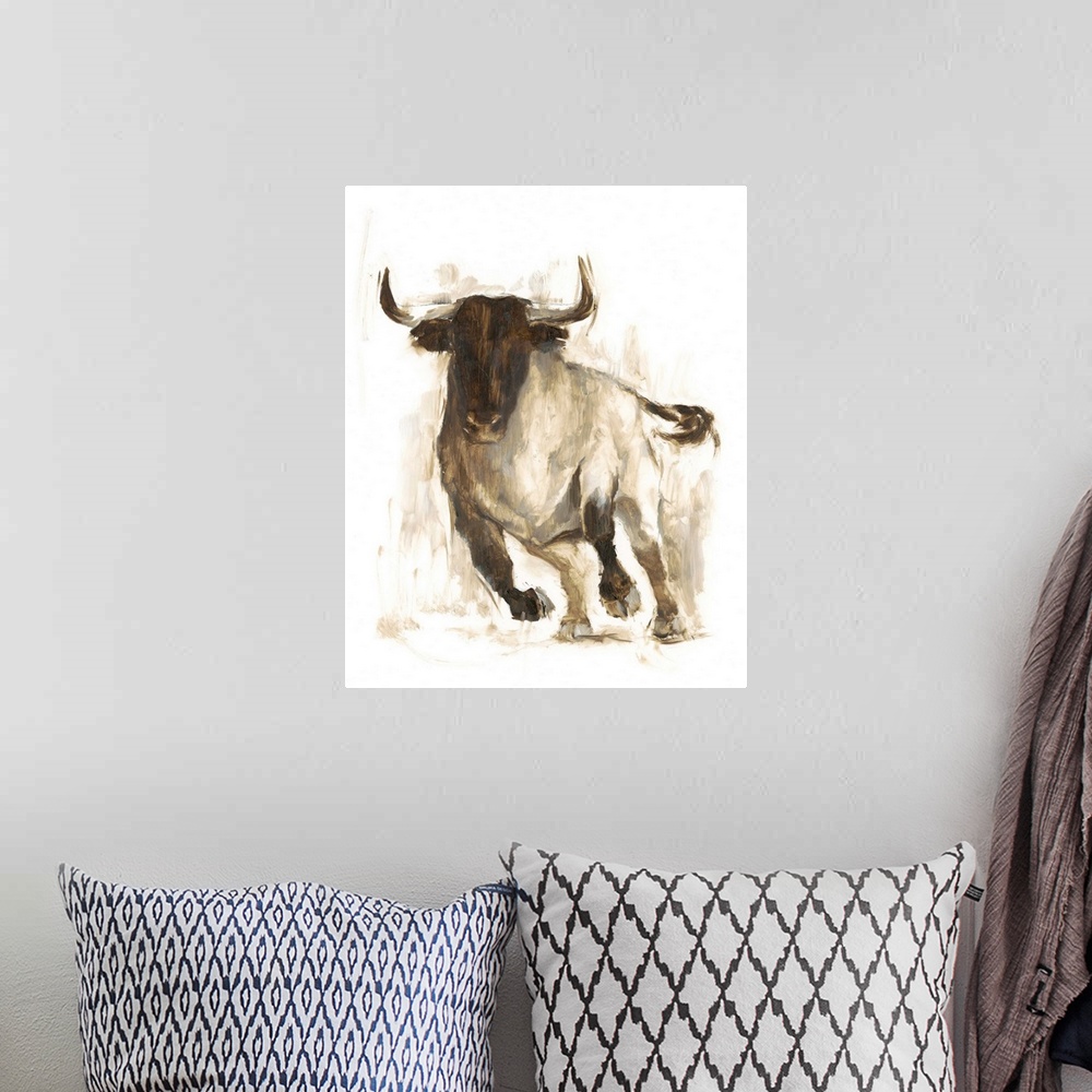 A bohemian room featuring Contemporary portrait of bull in various brown hues.