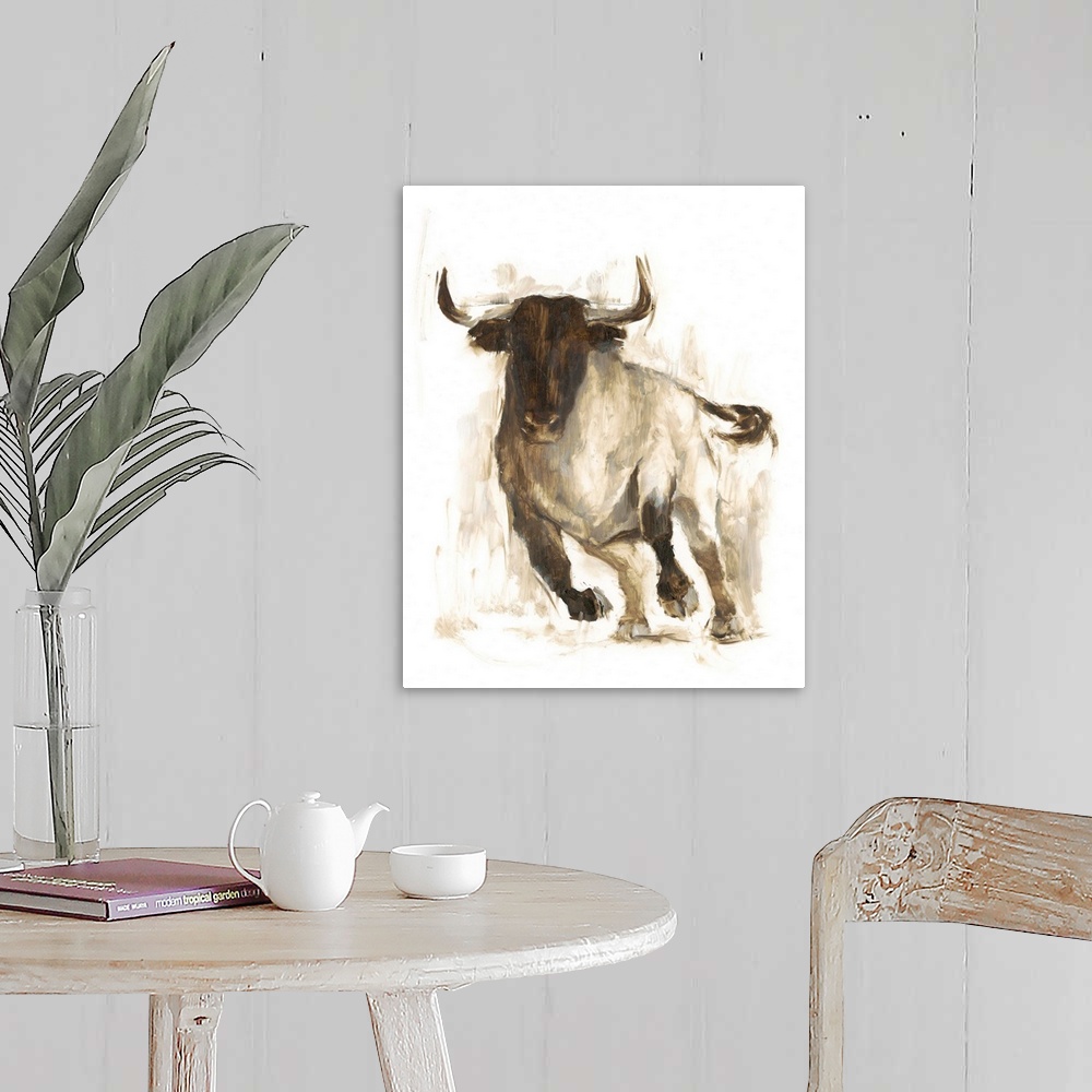 A farmhouse room featuring Contemporary portrait of bull in various brown hues.