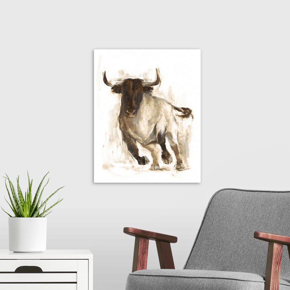 A modern room featuring Contemporary portrait of bull in various brown hues.