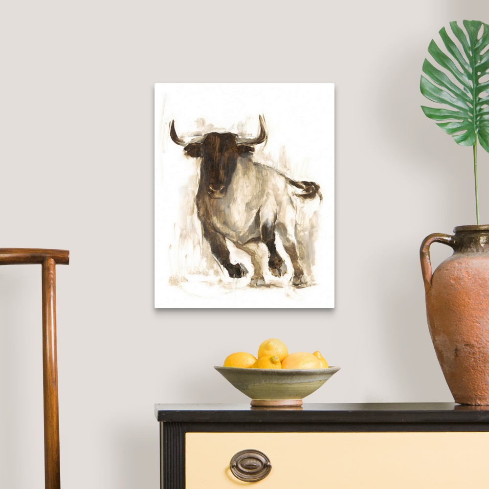 A traditional room featuring Contemporary portrait of bull in various brown hues.