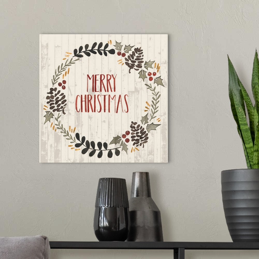 A modern room featuring Folk art style Christmas wreath encircling the words "Merry Christmas" with holly berries, leaves...