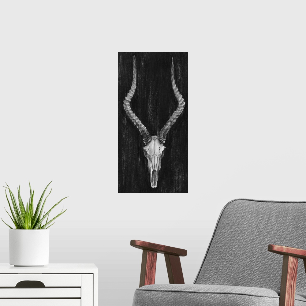 A modern room featuring Contemporary artwork of an antelope skull with large horns.