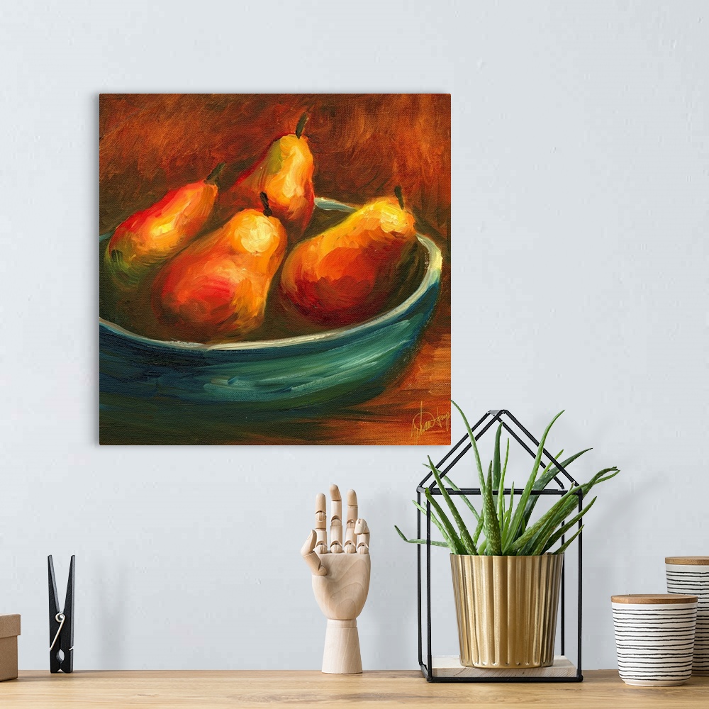 A bohemian room featuring Docor perfect for the kitchen that is a painted bowl full of pear fruit.