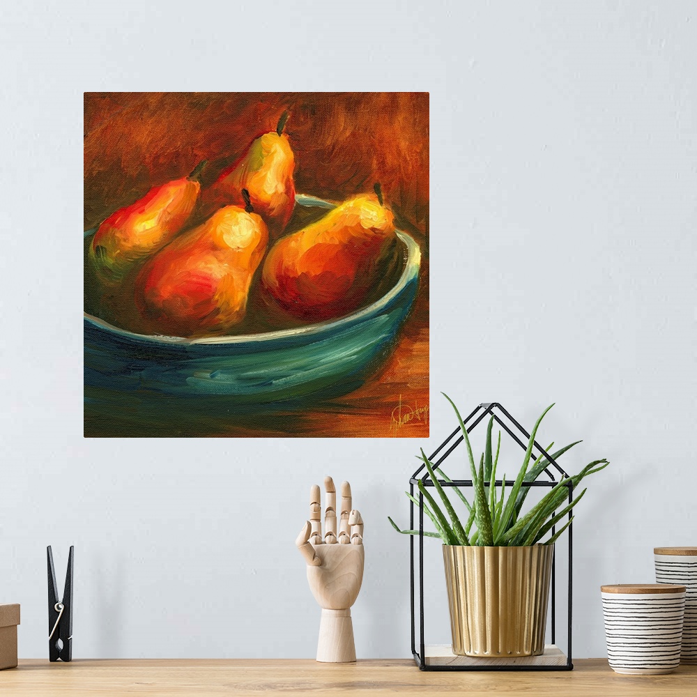 A bohemian room featuring Docor perfect for the kitchen that is a painted bowl full of pear fruit.