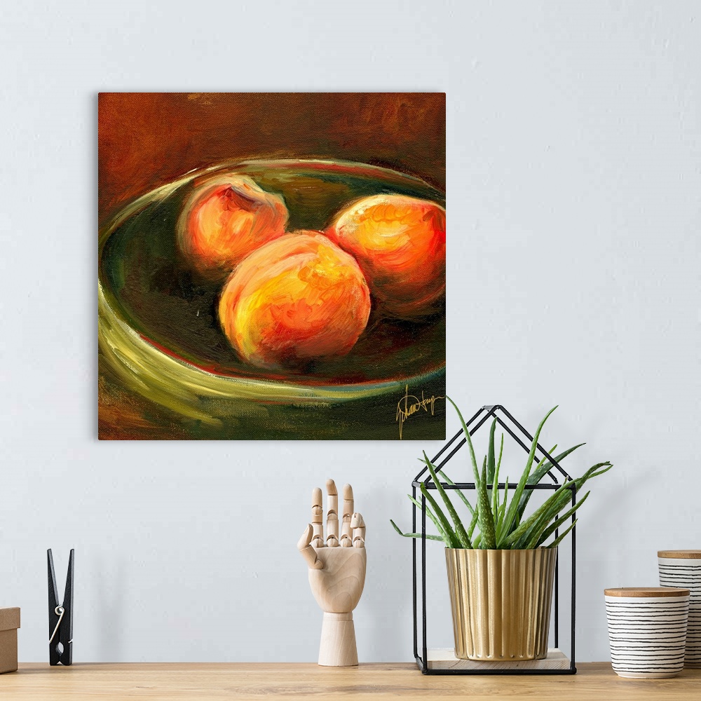 A bohemian room featuring Big, square painting of three ripe peaches in a shallow bowl, on a dark background.  Painted with...