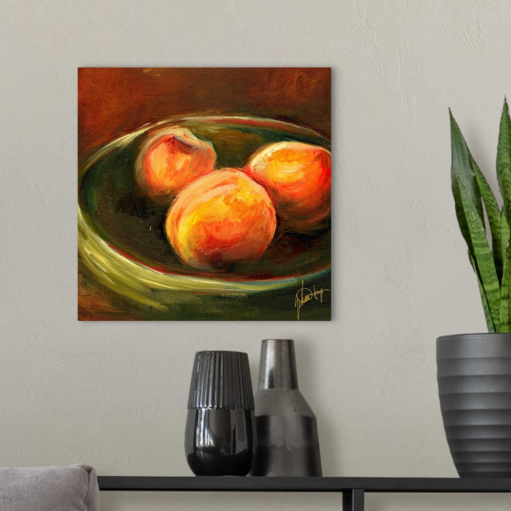 A modern room featuring Big, square painting of three ripe peaches in a shallow bowl, on a dark background.  Painted with...