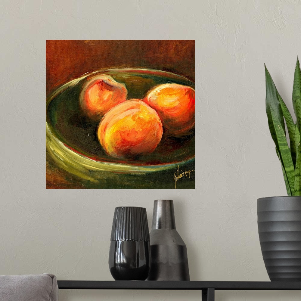 A modern room featuring Big, square painting of three ripe peaches in a shallow bowl, on a dark background.  Painted with...