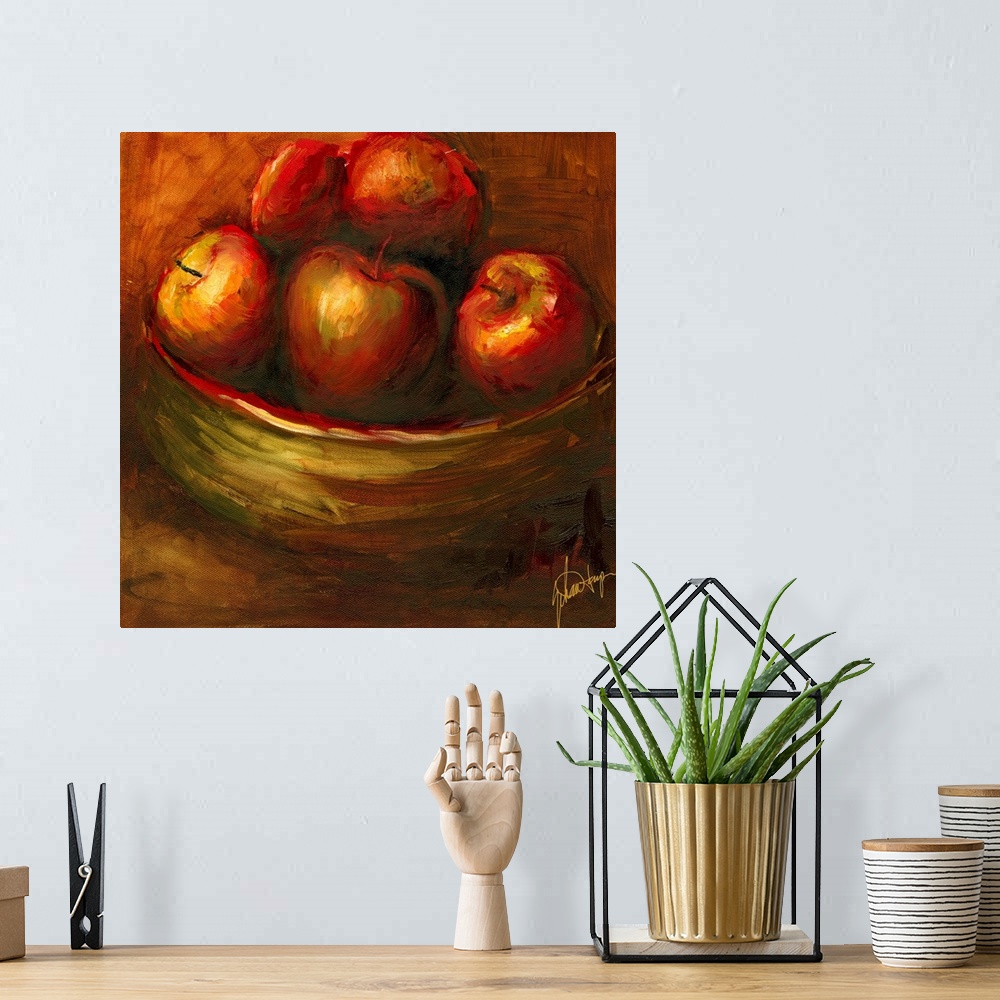 A bohemian room featuring Docor perfect for the home of a batch of apples painted in a large bowl.