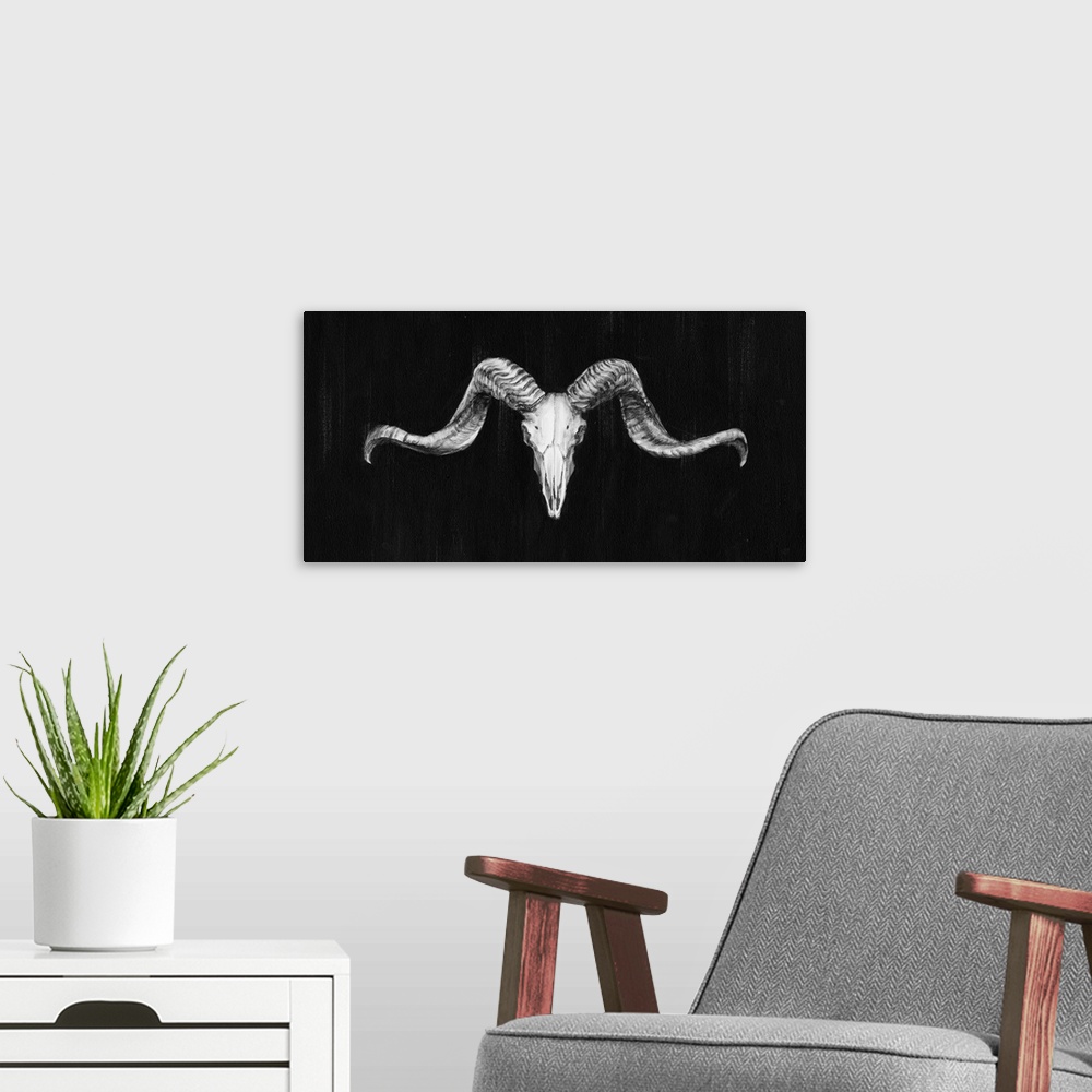A modern room featuring Contemporary artwork of a ram skull against a dark background.