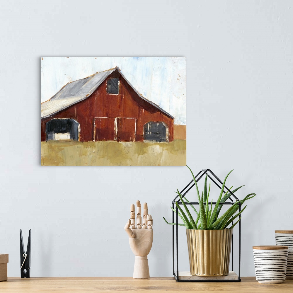 A bohemian room featuring This contemporary painting of a rusty barn on a simple landscape features expressive brush stroke...