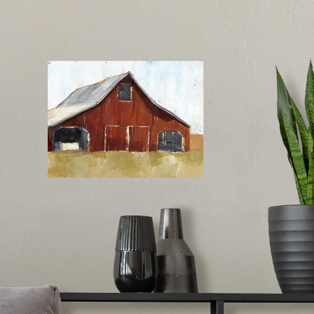 A modern room featuring This contemporary painting of a rusty barn on a simple landscape features expressive brush stroke...
