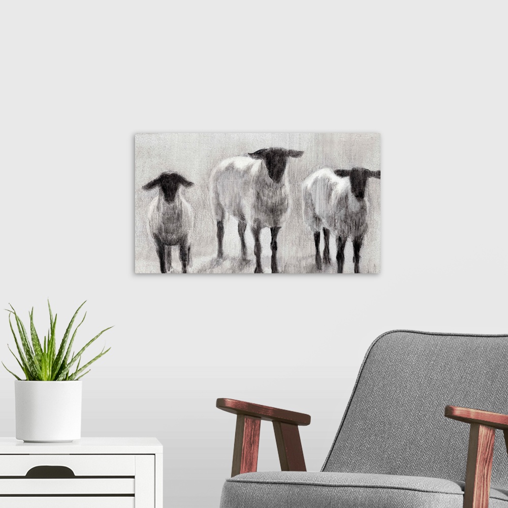 A modern room featuring Monochrome painting of three woolly sheep in a field.