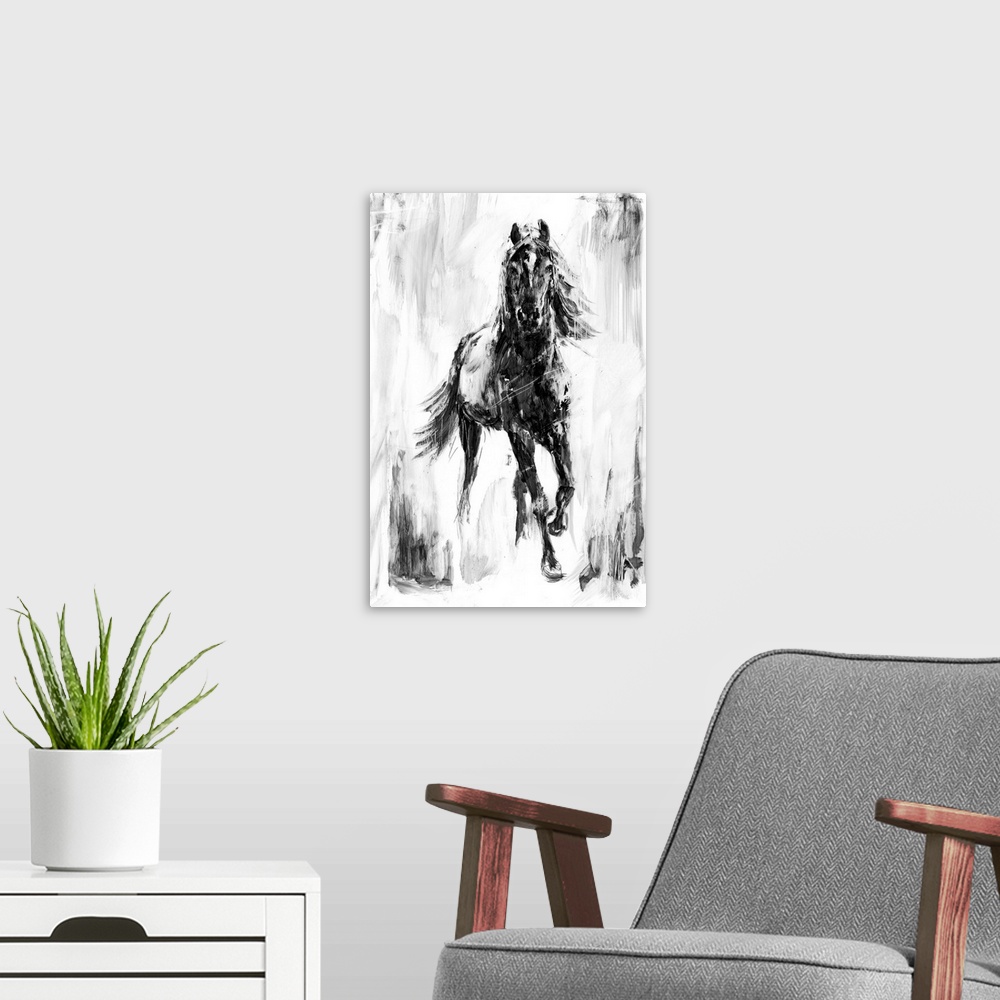 A modern room featuring Black and white artwork of a galloping dark horse.