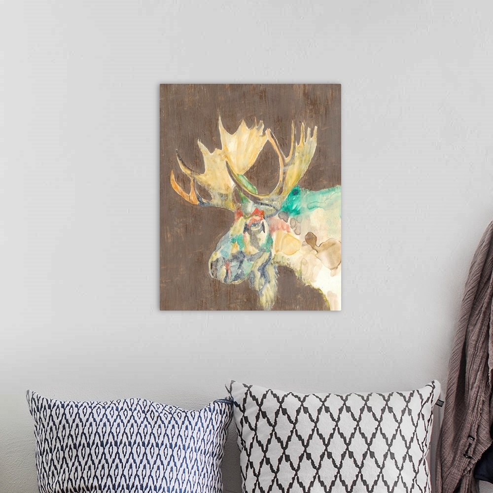 A bohemian room featuring Contemporary portrait of a moose with large antlers.