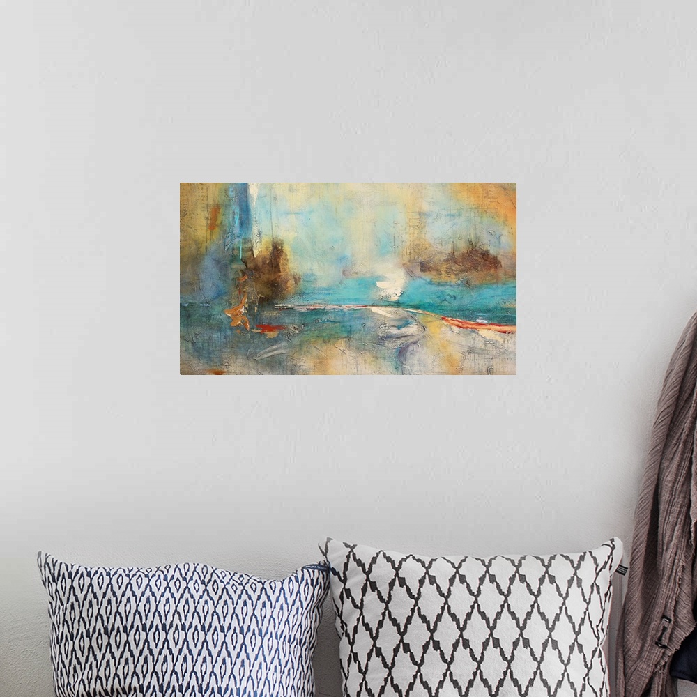 A bohemian room featuring Abstract painting of turbulent brush strokes in shades of brown teal, orange and yellow.