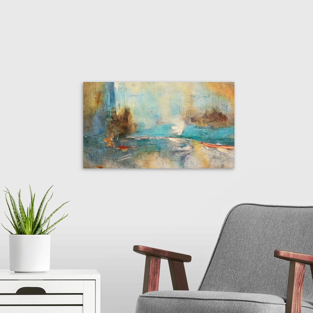 A modern room featuring Abstract painting of turbulent brush strokes in shades of brown teal, orange and yellow.