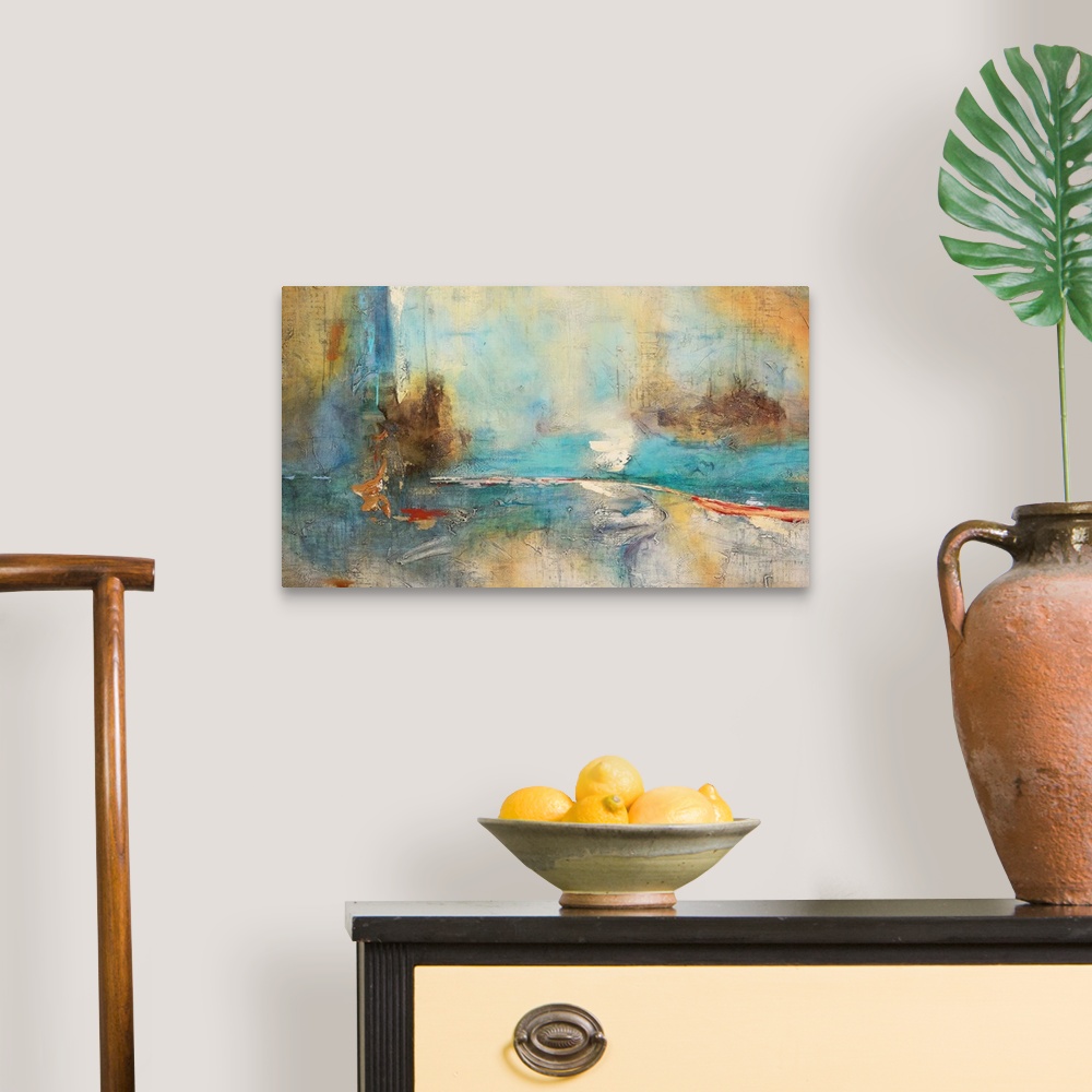 A traditional room featuring Abstract painting of turbulent brush strokes in shades of brown teal, orange and yellow.