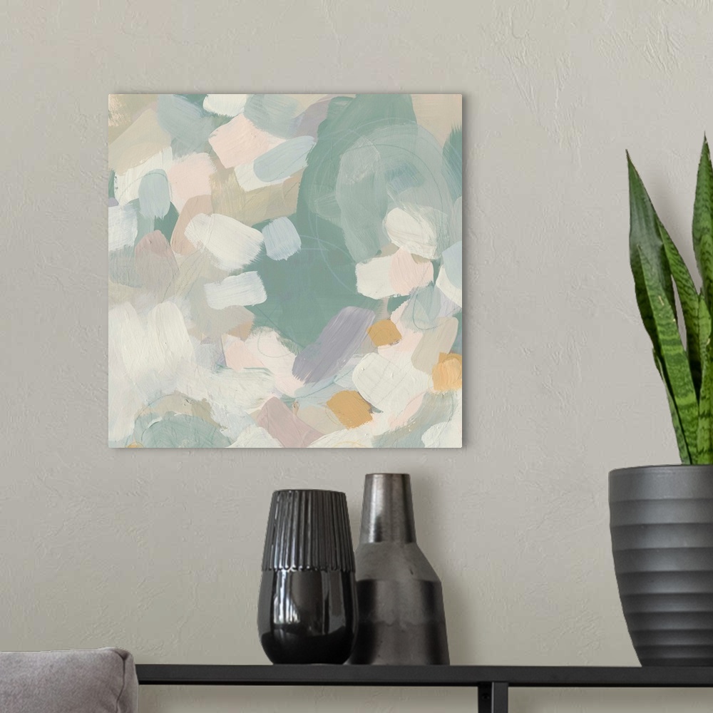 A modern room featuring Abstract painting in muted blues and pinks.