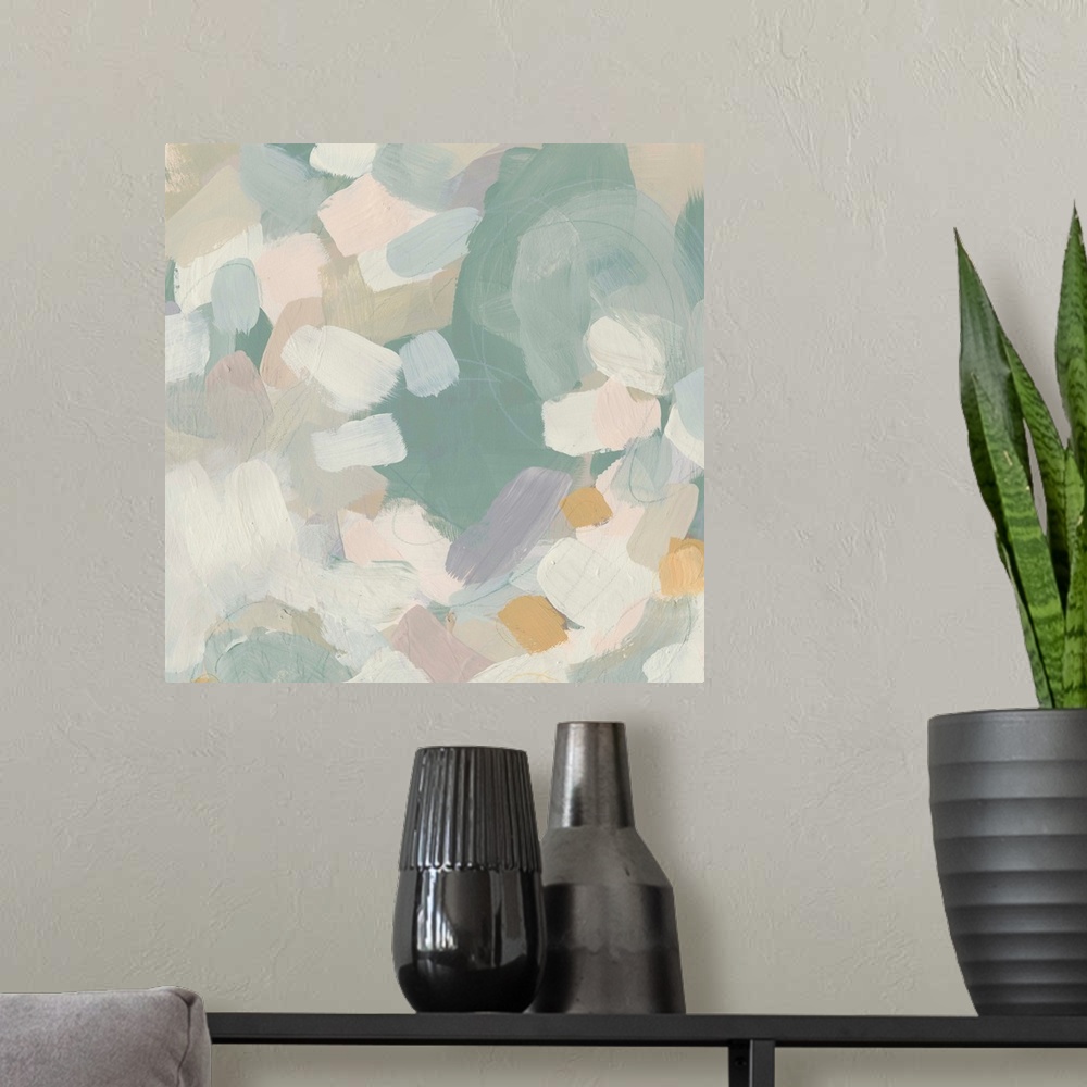 A modern room featuring Abstract painting in muted blues and pinks.
