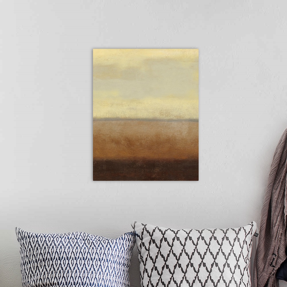 A bohemian room featuring Contemporary abstract painting of horizontal bands of color varying in size.
