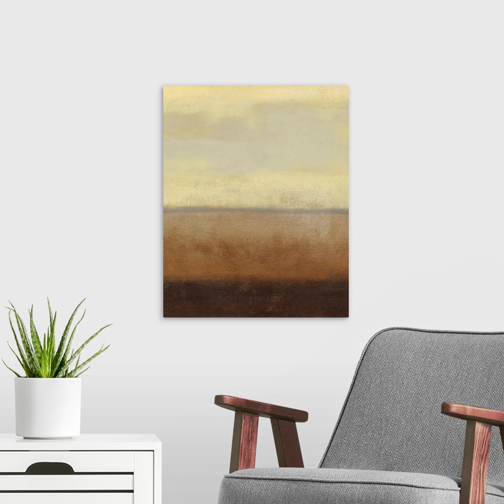 A modern room featuring Contemporary abstract painting of horizontal bands of color varying in size.