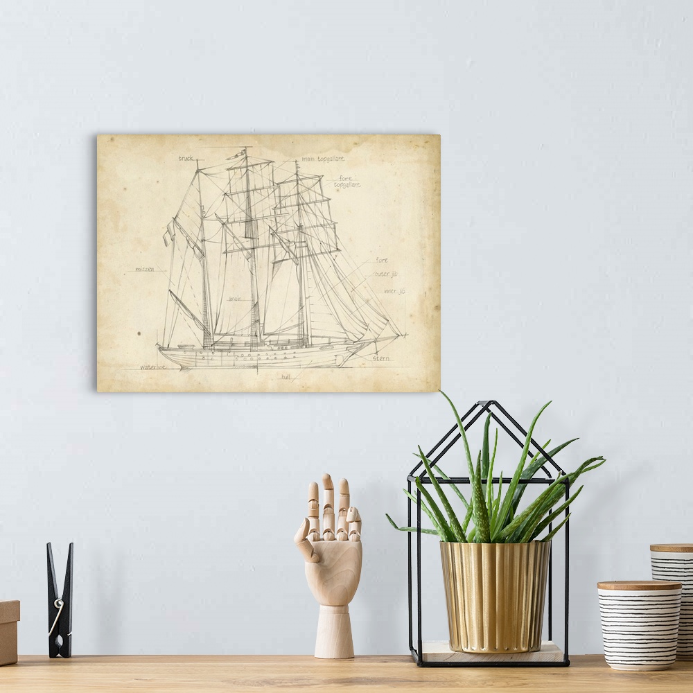 A bohemian room featuring Sketched diagram of a large sailing ship with huge sails.