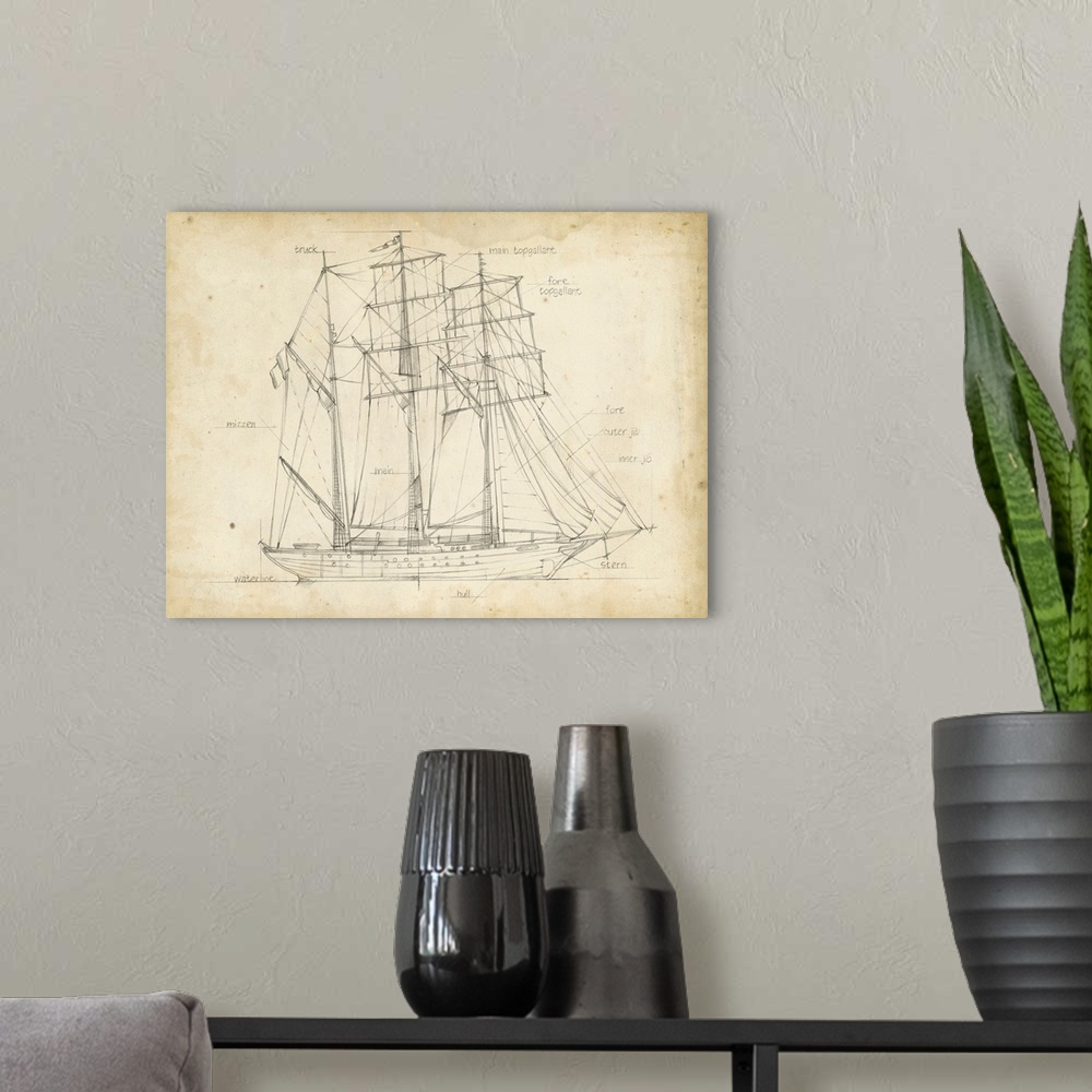A modern room featuring Sketched diagram of a large sailing ship with huge sails.