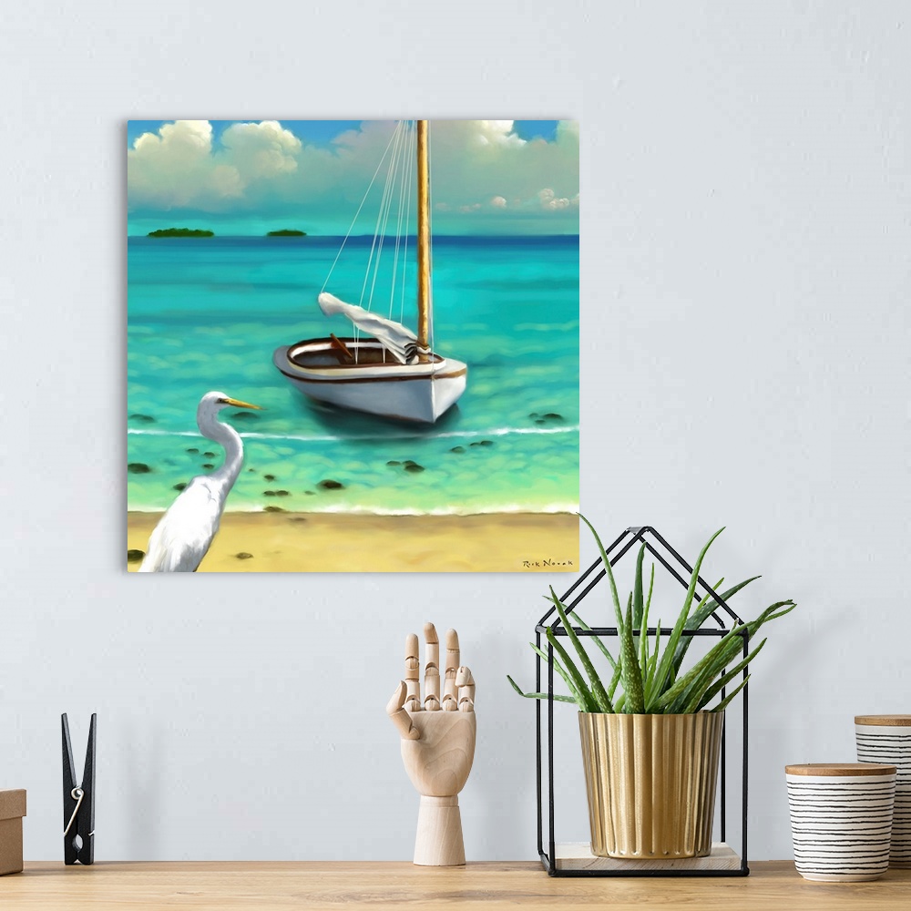 A bohemian room featuring Contemporary artwork of a tropical beach scene.