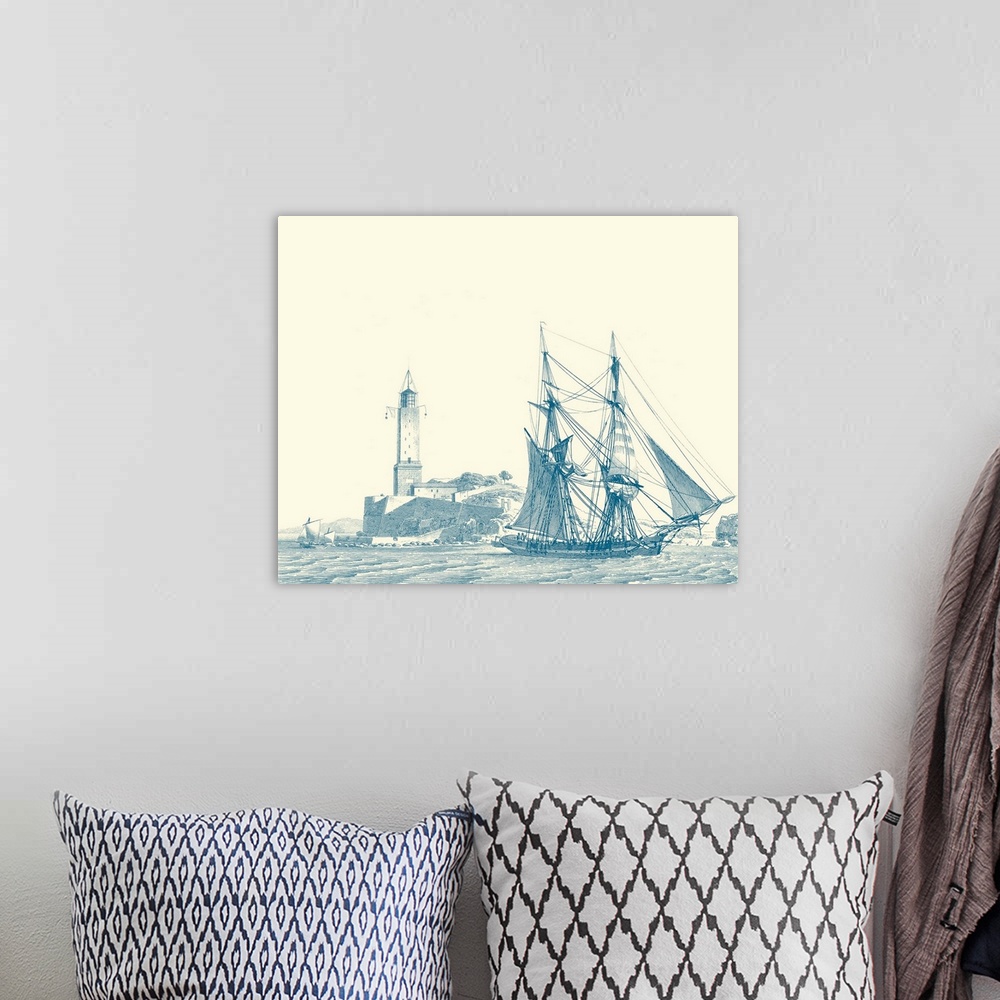 A bohemian room featuring Sailing Ships in Blue I