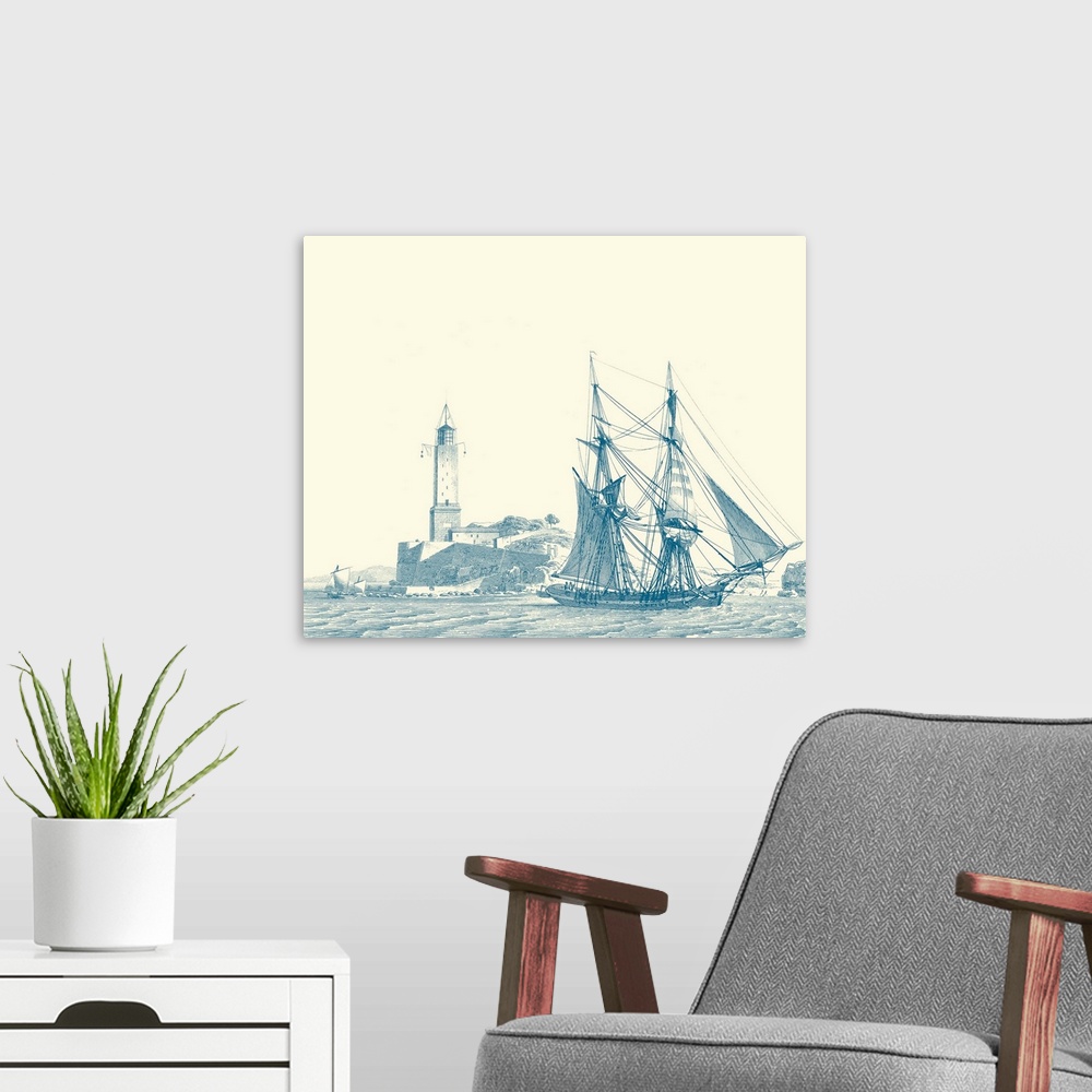 A modern room featuring Sailing Ships in Blue I