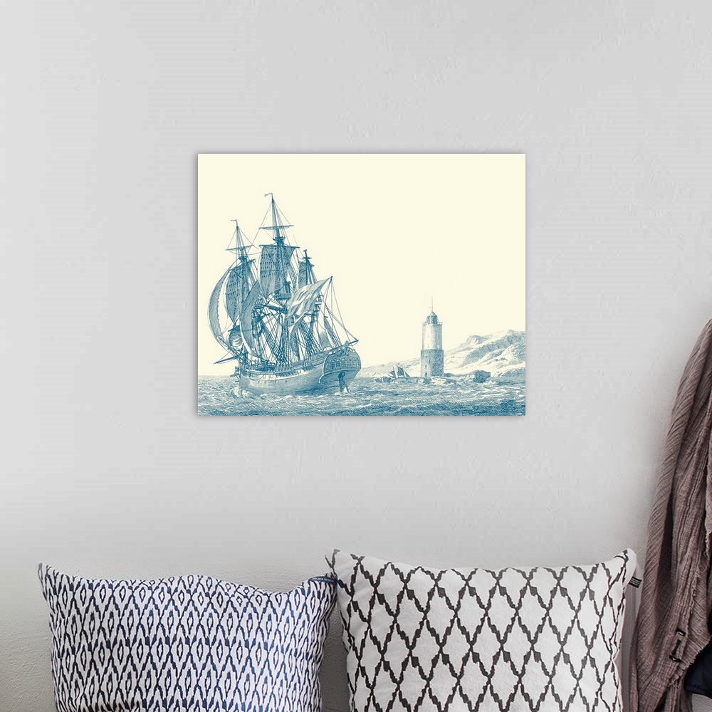 A bohemian room featuring Sailing Ships in Blue III