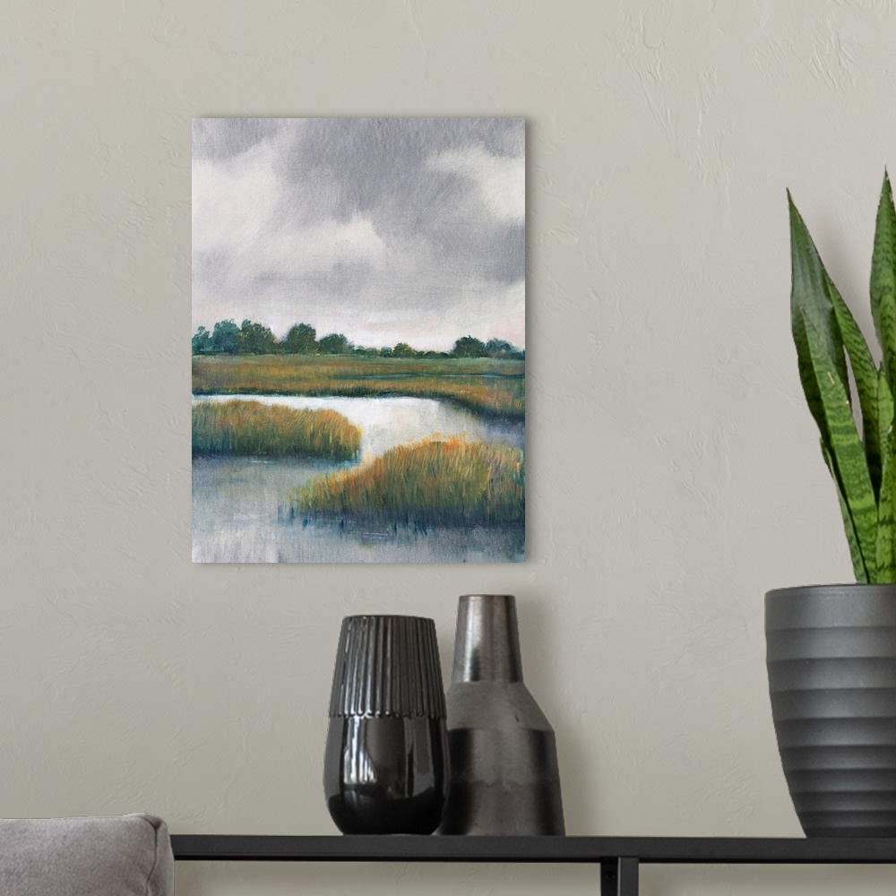 A modern room featuring Salt Marshes I