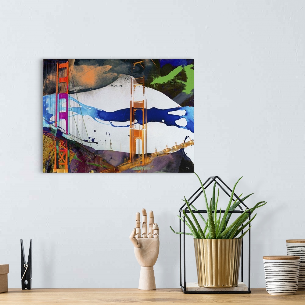 A bohemian room featuring A contemporary collage style artwork of sights of San Francisco mixed with splashes of paint and ...