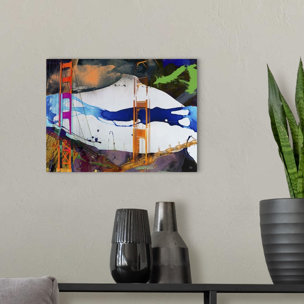 A modern room featuring A contemporary collage style artwork of sights of San Francisco mixed with splashes of paint and ...