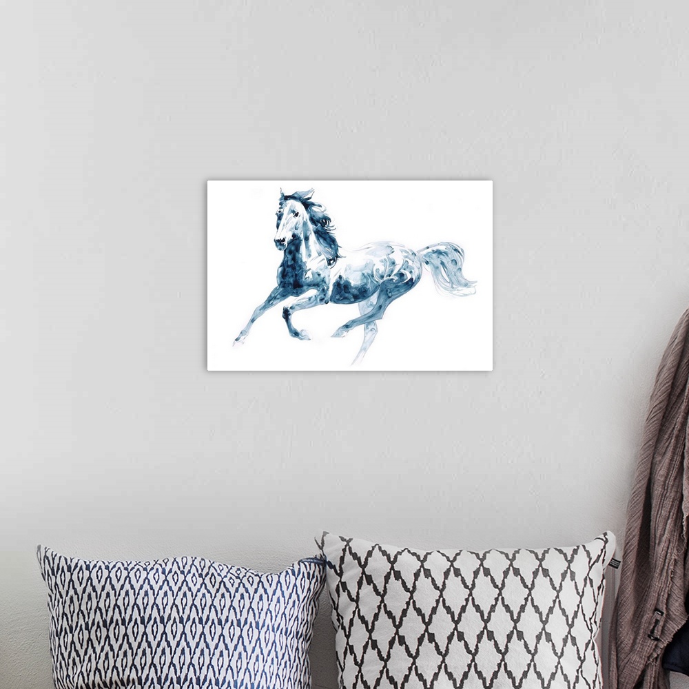 A bohemian room featuring Watercolor painting of a horse in action created with indigo hues on a white background.