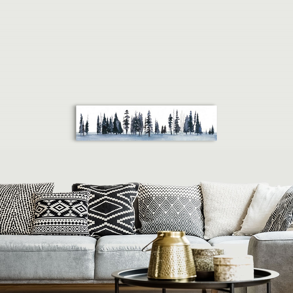 A bohemian room featuring Watercolor painting of pine trees against a white background.