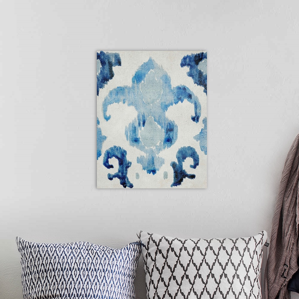 A bohemian room featuring Sapphire blue bohemian ikat pattern in watercolor.