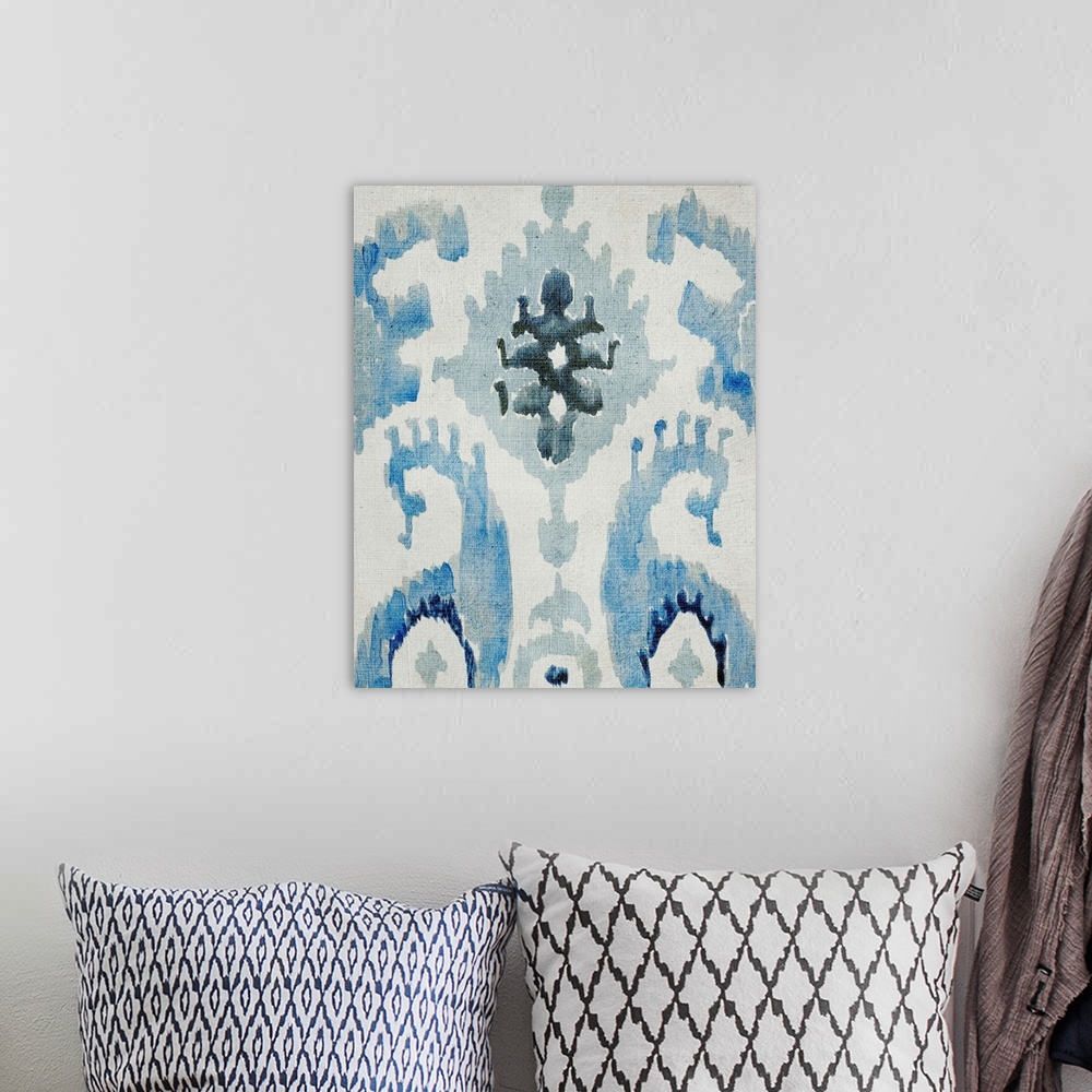 A bohemian room featuring Sapphire blue bohemian ikat pattern in watercolor.