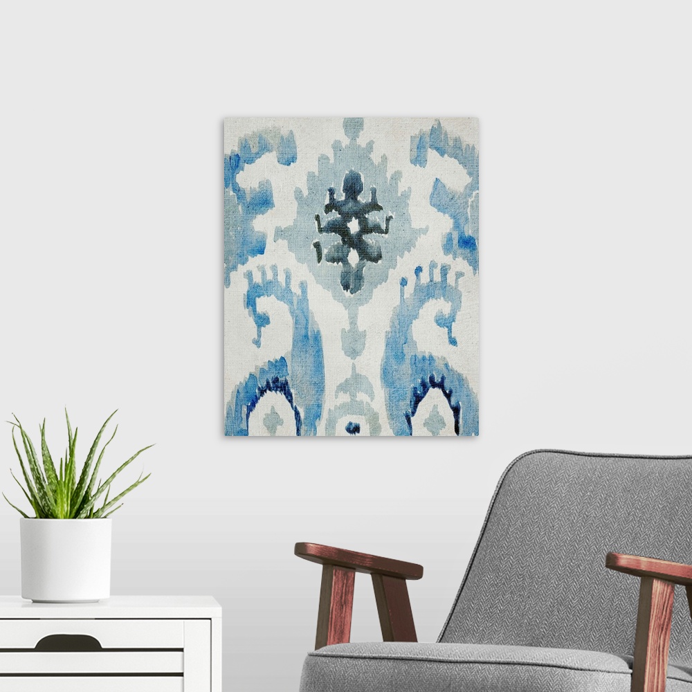A modern room featuring Sapphire blue bohemian ikat pattern in watercolor.